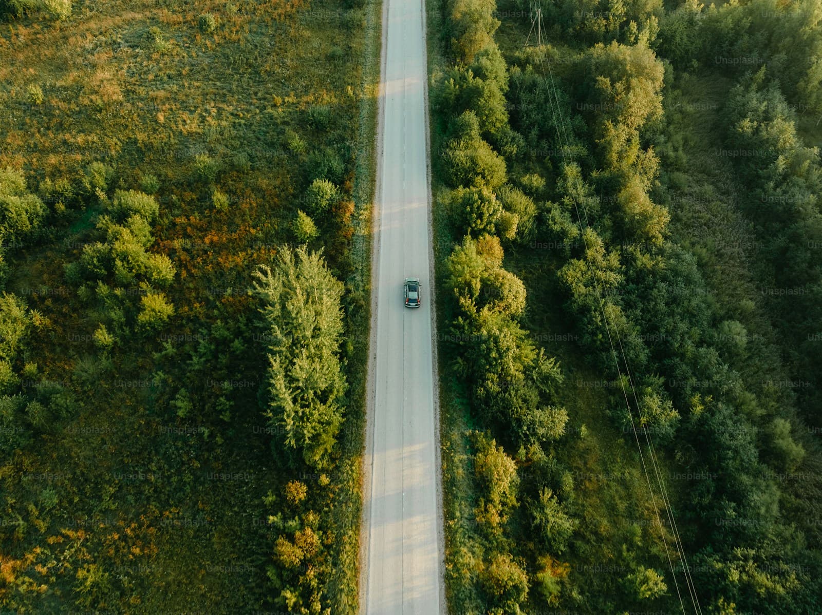 Aerial view of a car driving on a road through colorful autumn forest with golden and green trees