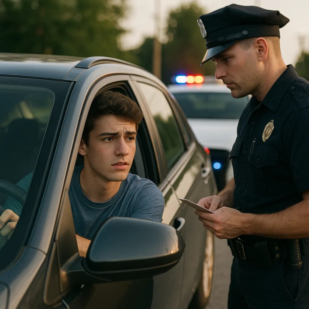 Police officer conducting traffic stop, speaking to young driver through car window with patrol car in background