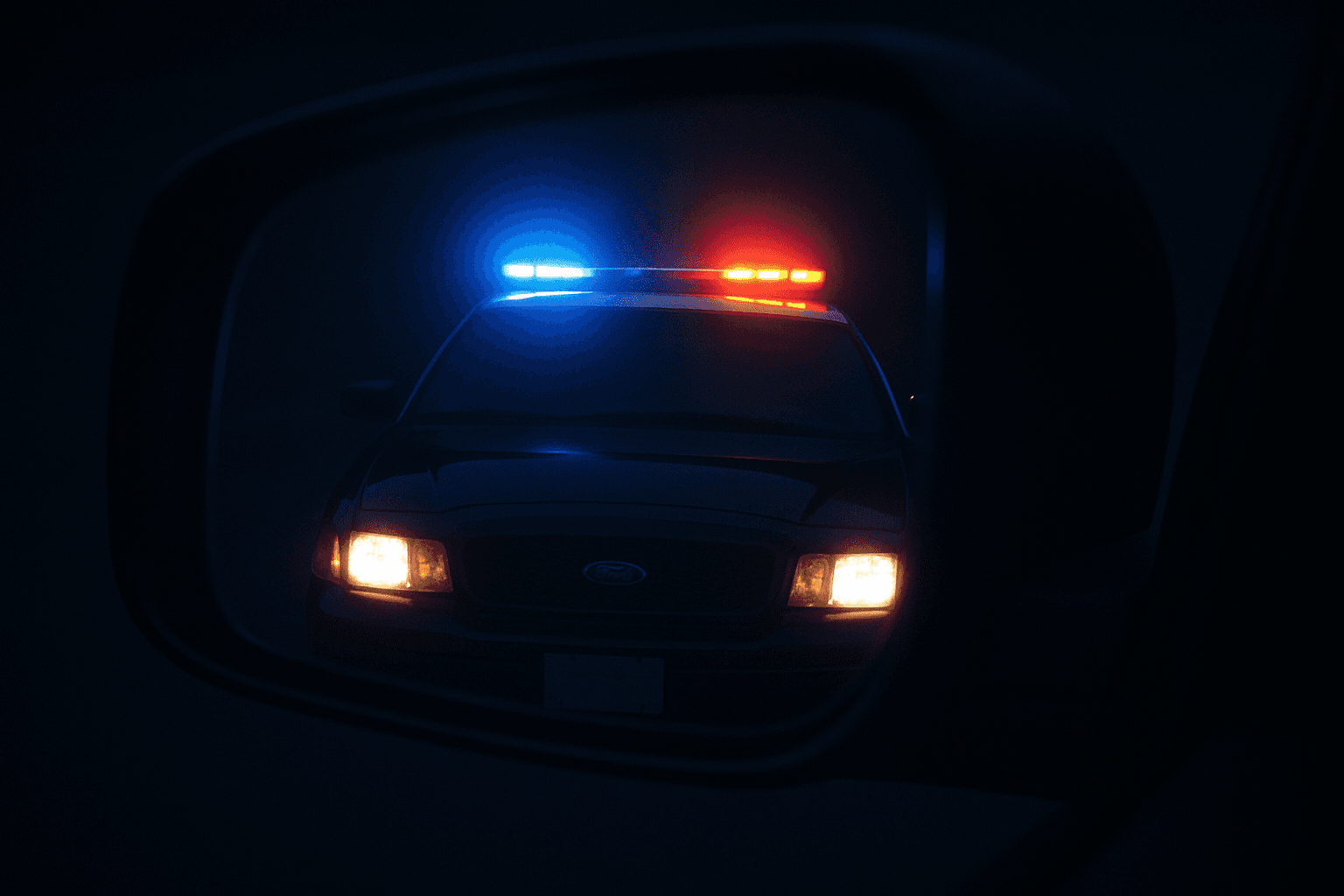 Police car at night with blue and red emergency lights flashing in the darkness