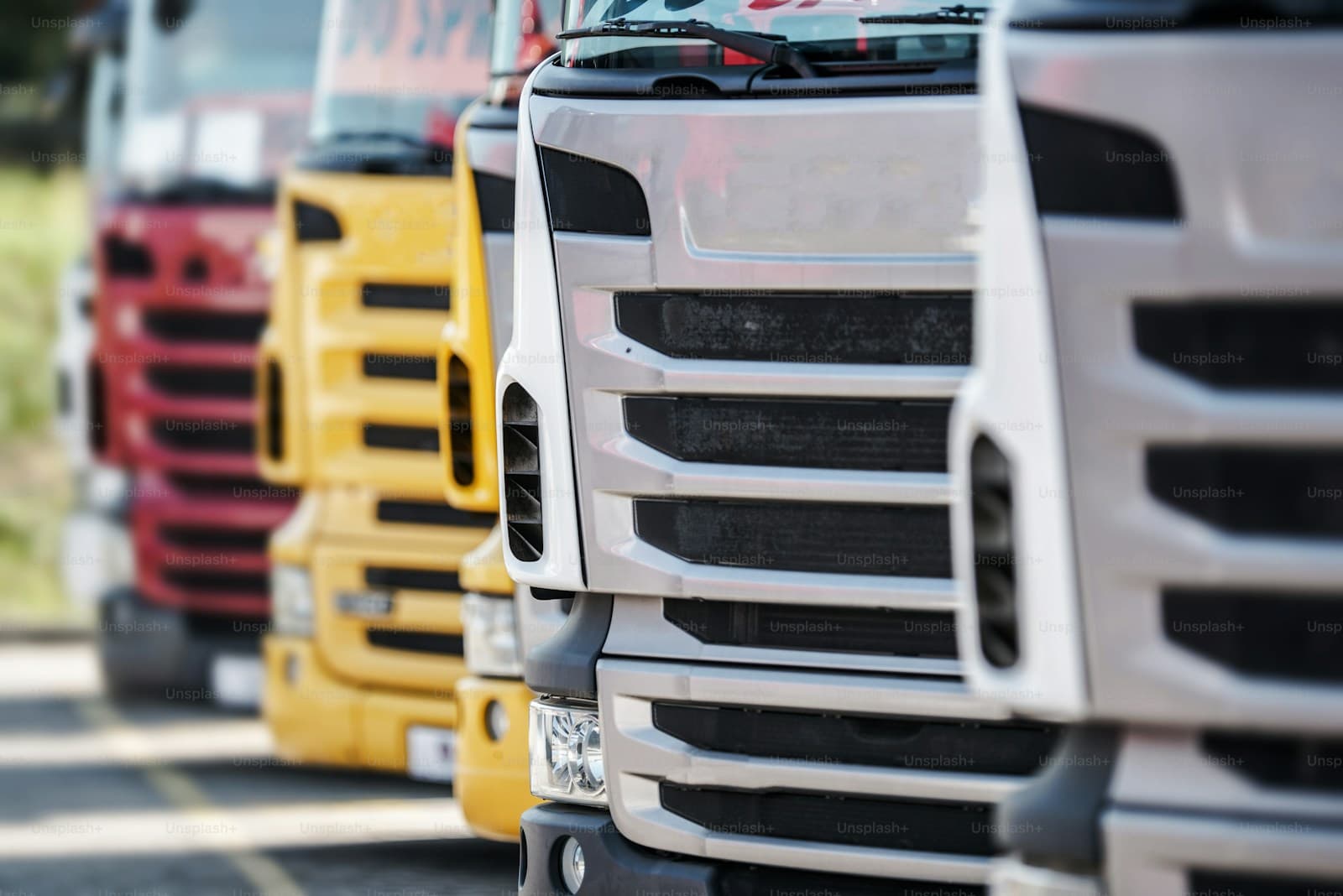 Row of commercial trucks parked close together, grilles and headlights facing forward