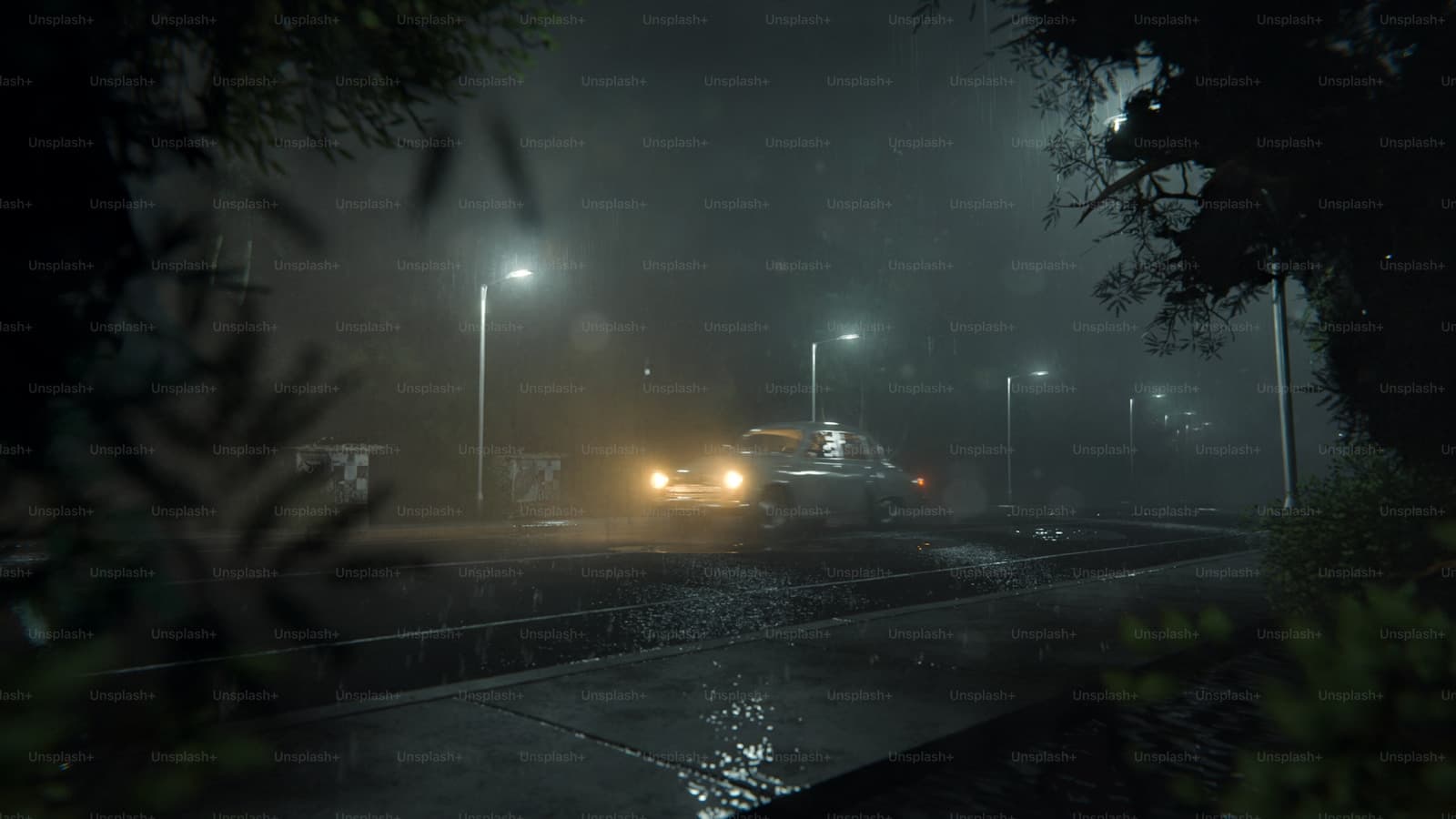 Car driving a wet residential street at night through heavy fog and streetlight glow