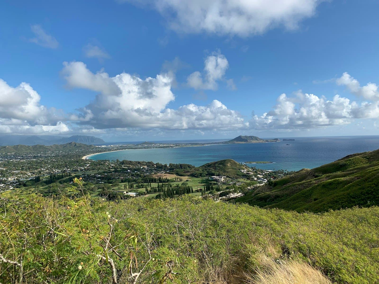 Aerial view of tropical coastal town with bay, green hills, and blue ocean under cloudy sky