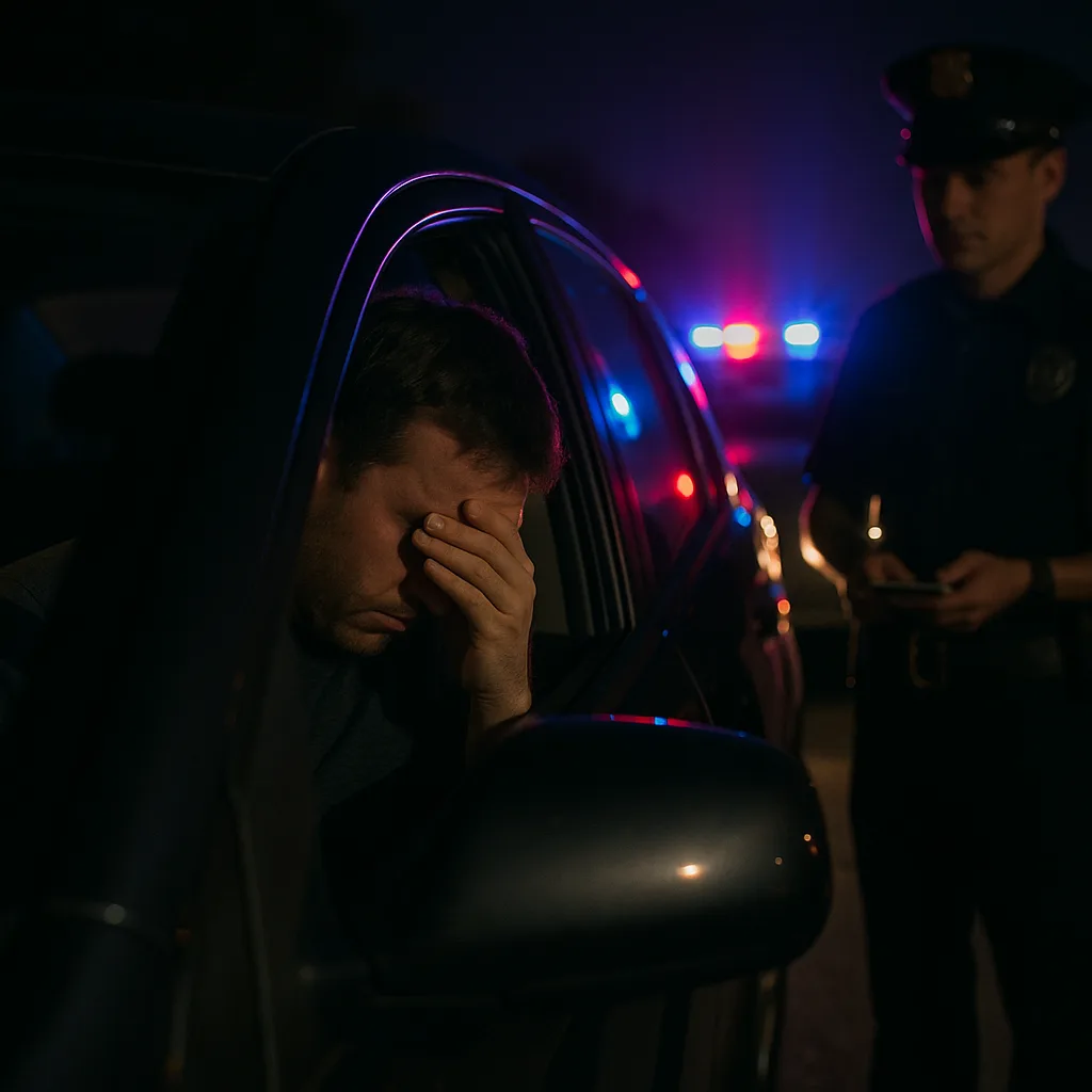 Driver with hand on face during nighttime police traffic stop with emergency lights in background