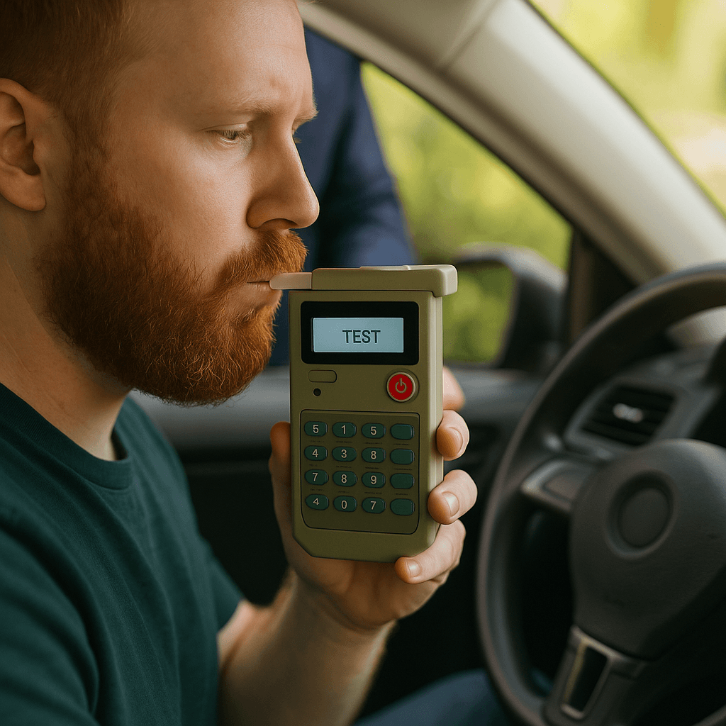 Man using breathalyzer test device while sitting in car driver's seat