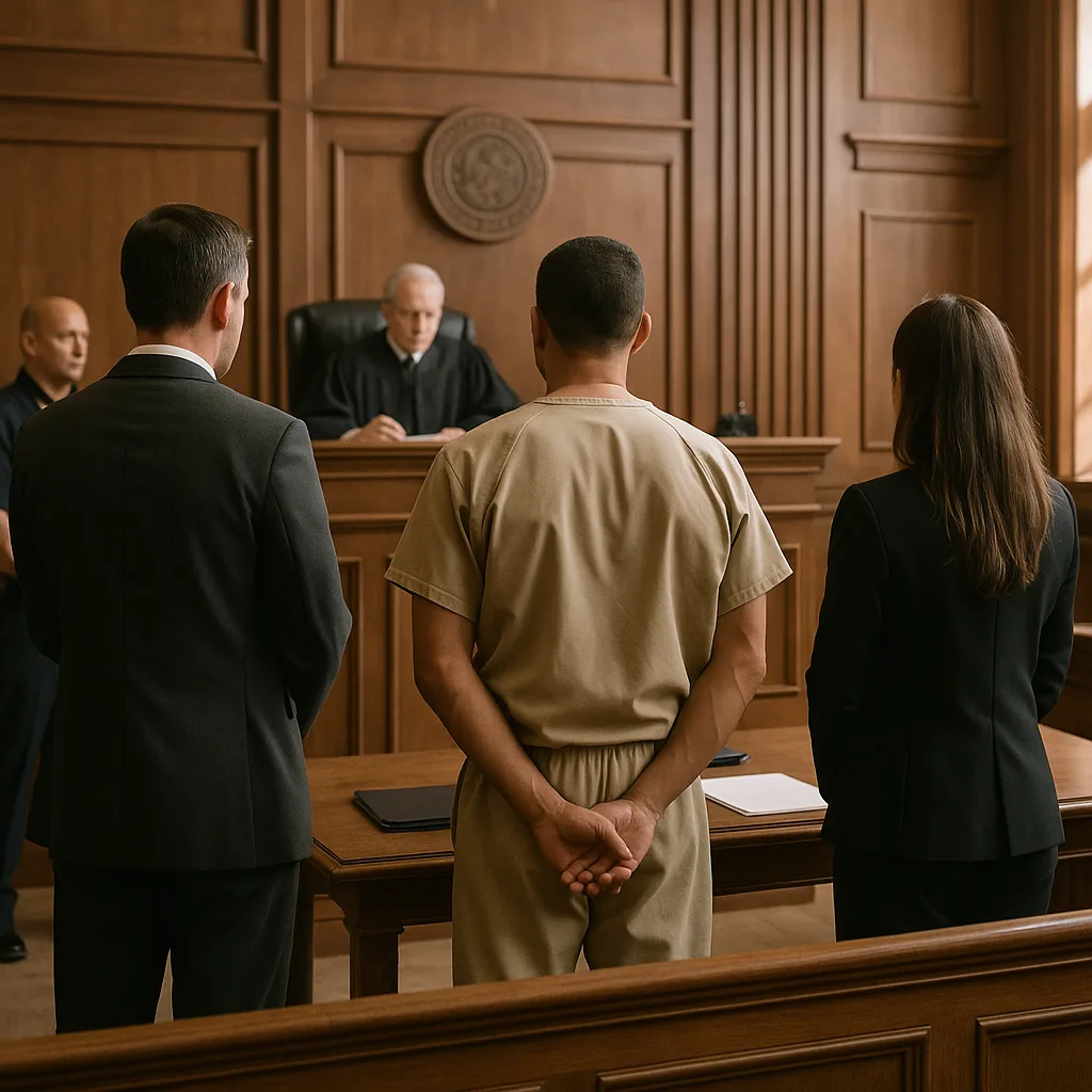 Defendant in prison uniform standing between attorneys before judge in courtroom