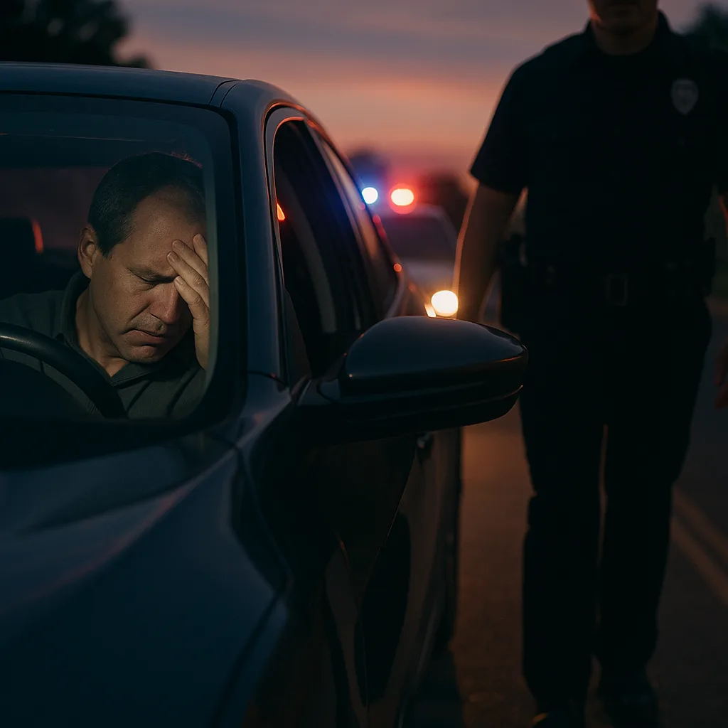 Driver looking stressed during police traffic stop at sunset with officer standing beside car window