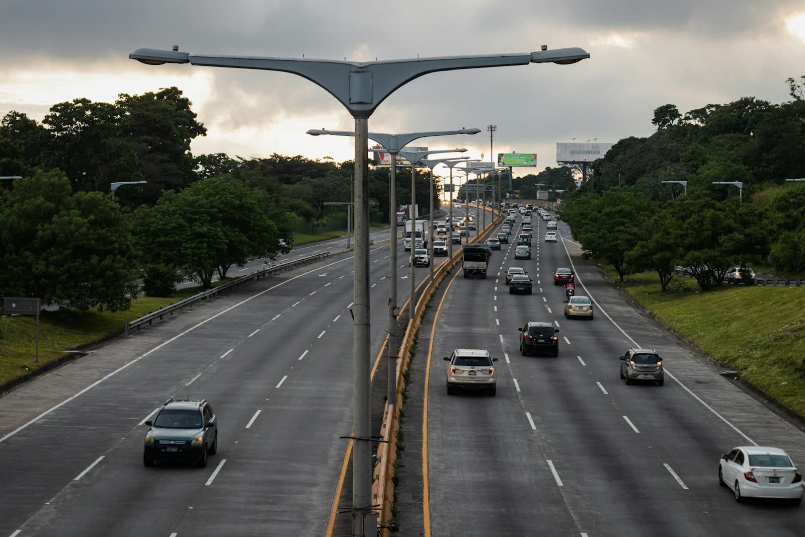 Multi-lane highway with curved concrete light poles, moderate traffic, and tree-lined sides under cloudy sky