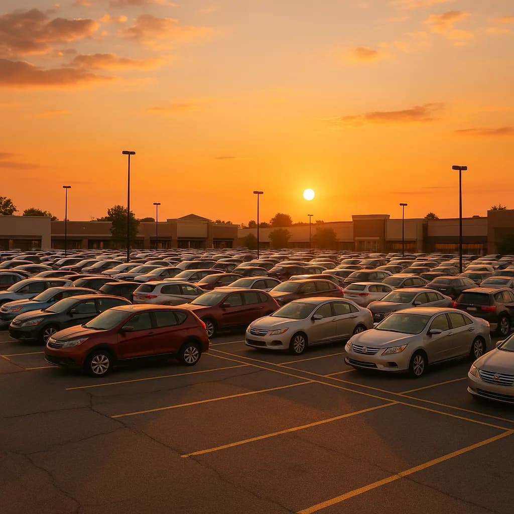 Crowded parking lot at sunset with rows of cars and commercial buildings silhouetted against an orange sky