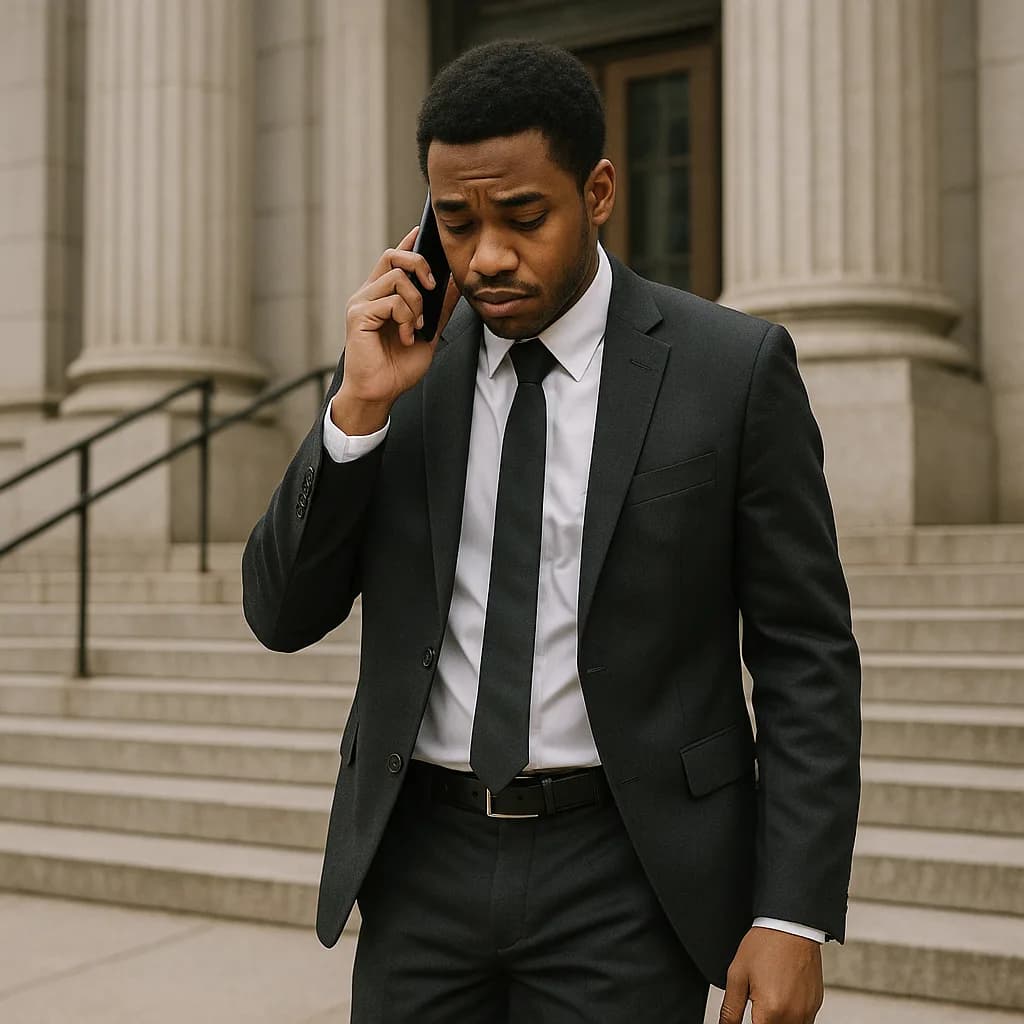 Professional businessman in black suit talking on phone outside courthouse with classical columns