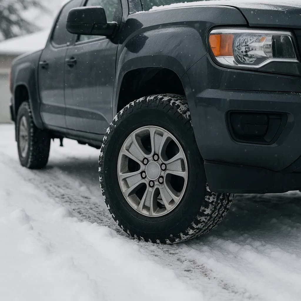 Dark gray pickup truck with all-terrain tire in snow, showing front wheel and headlight detail