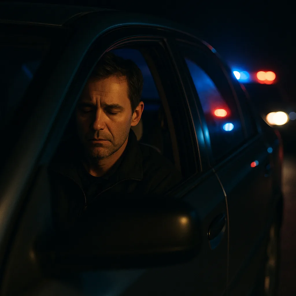 Man in car at night with police lights in background, cinematic dramatic lighting