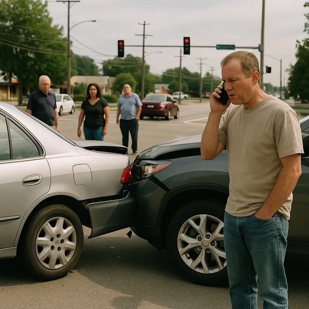 Man on phone at car accident scene with damaged vehicles and onlookers on suburban street