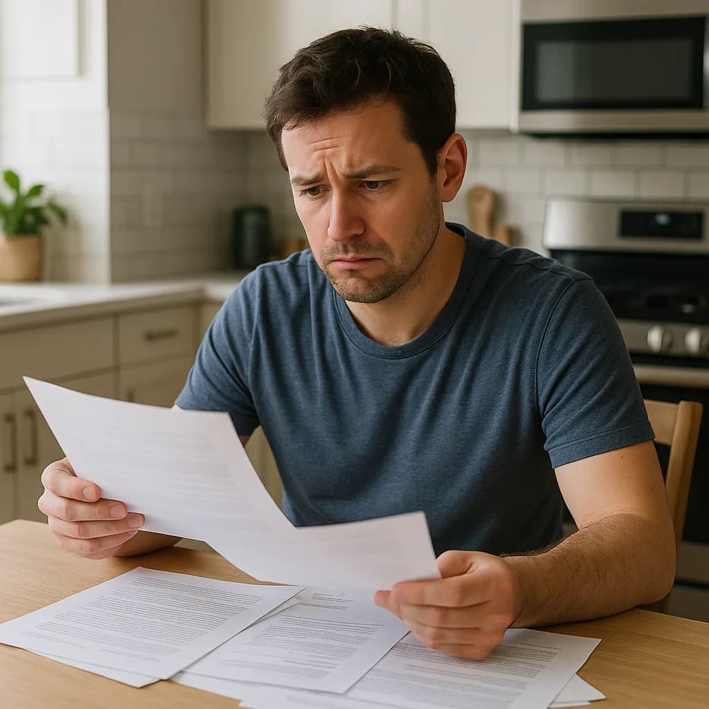Man reviewing financial documents with concerned expression at kitchen table