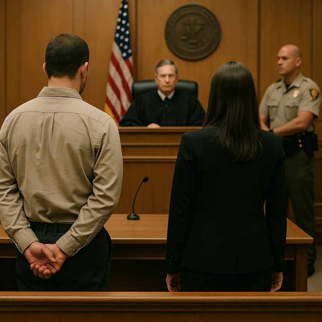 Defendant and lawyer standing before judge in courtroom during legal proceedings