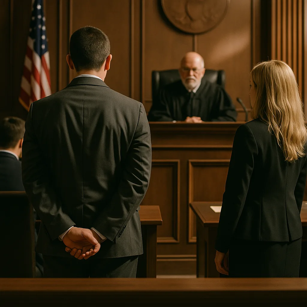 Two lawyers standing before a judge in a formal courtroom setting with American flag and wood paneling