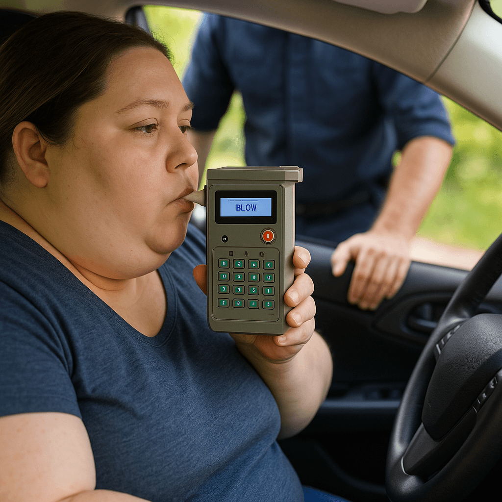 Woman in car taking breathalyzer test with police officer standing nearby during traffic stop