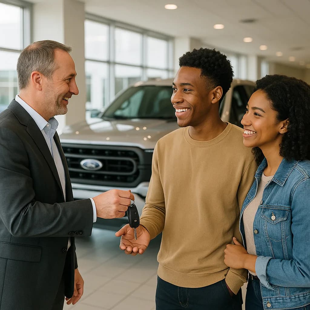 Car salesman handing keys to happy young couple in dealership showroom