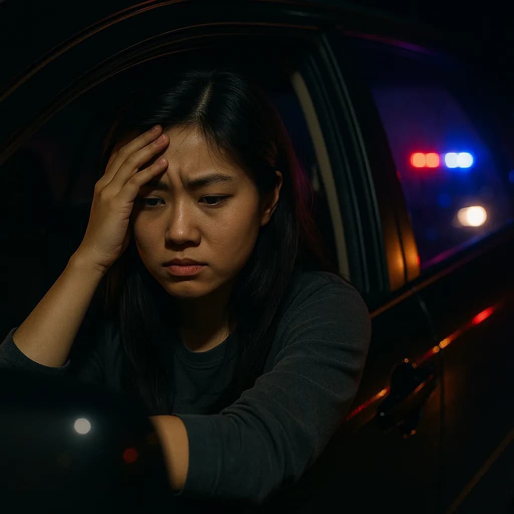 Worried woman in car at night with police lights visible behind her during traffic stop