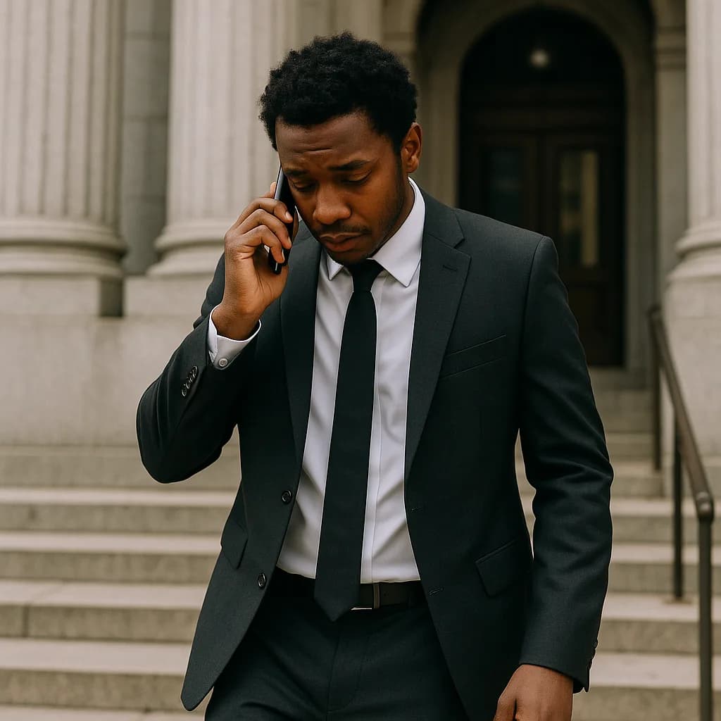 Professional businessman in suit talking on phone outside courthouse with classical columns