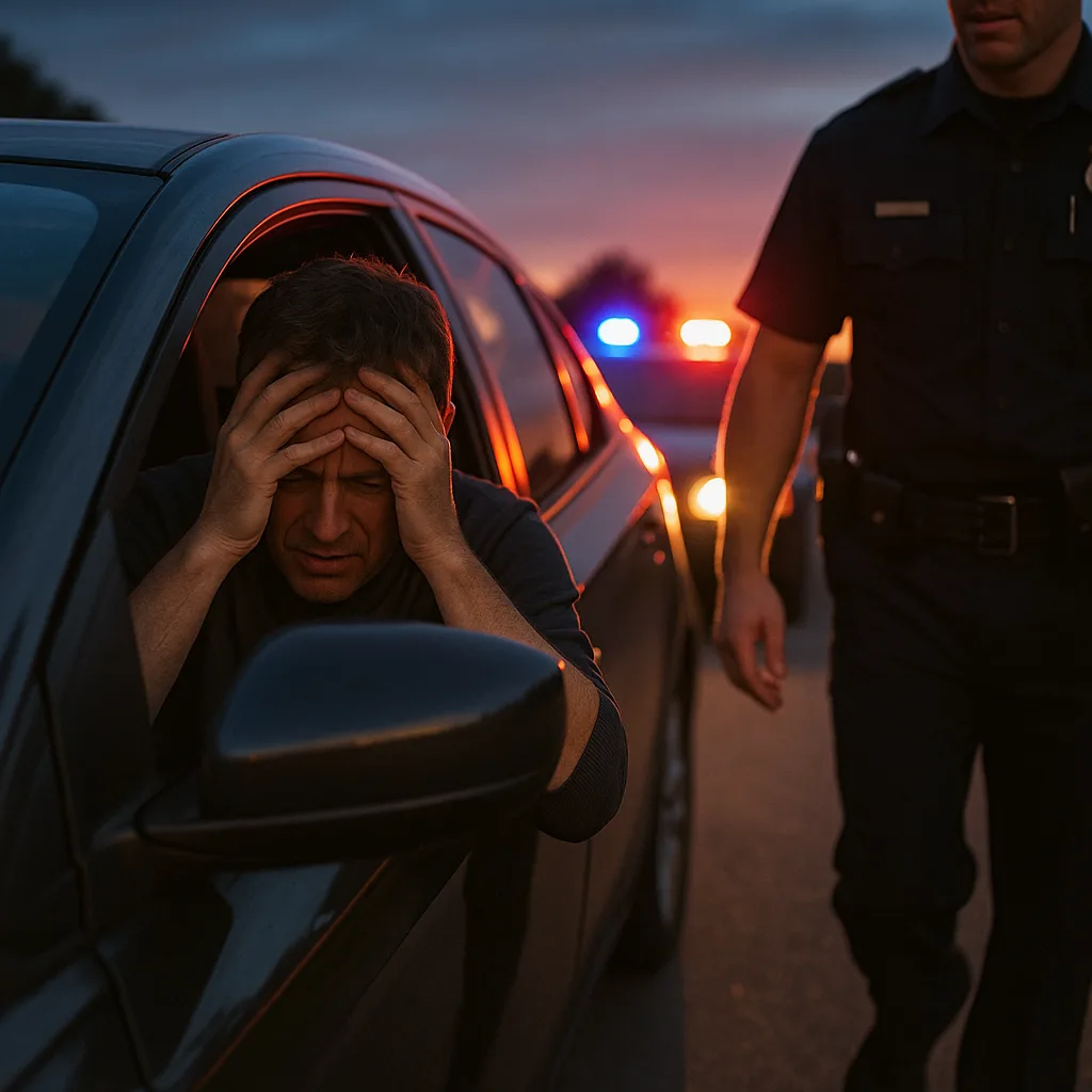 Stressed driver with hands on face during police traffic stop at sunset with flashing lights in background