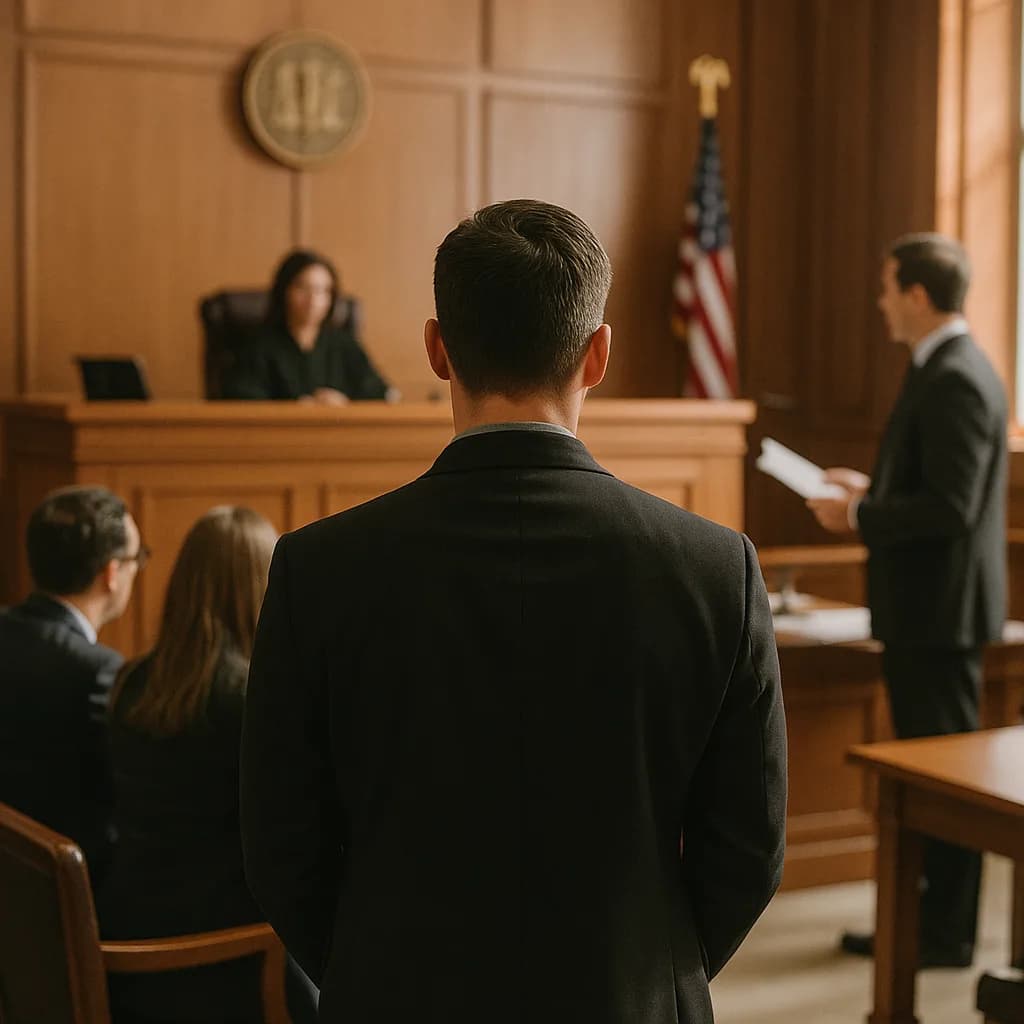Man standing in courtroom facing judge during legal proceedings with attorney present