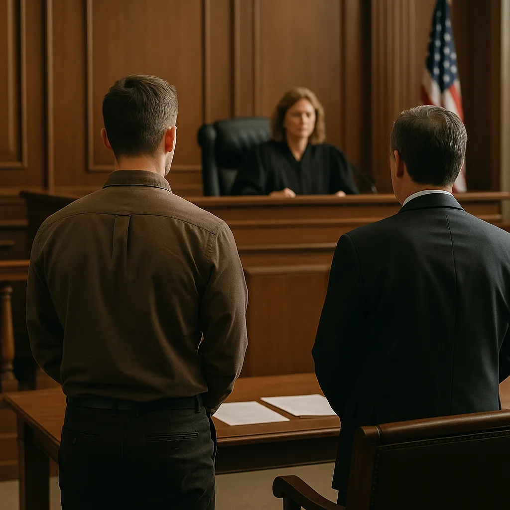 Two men standing before a female judge in a courtroom with wood paneling and American flag