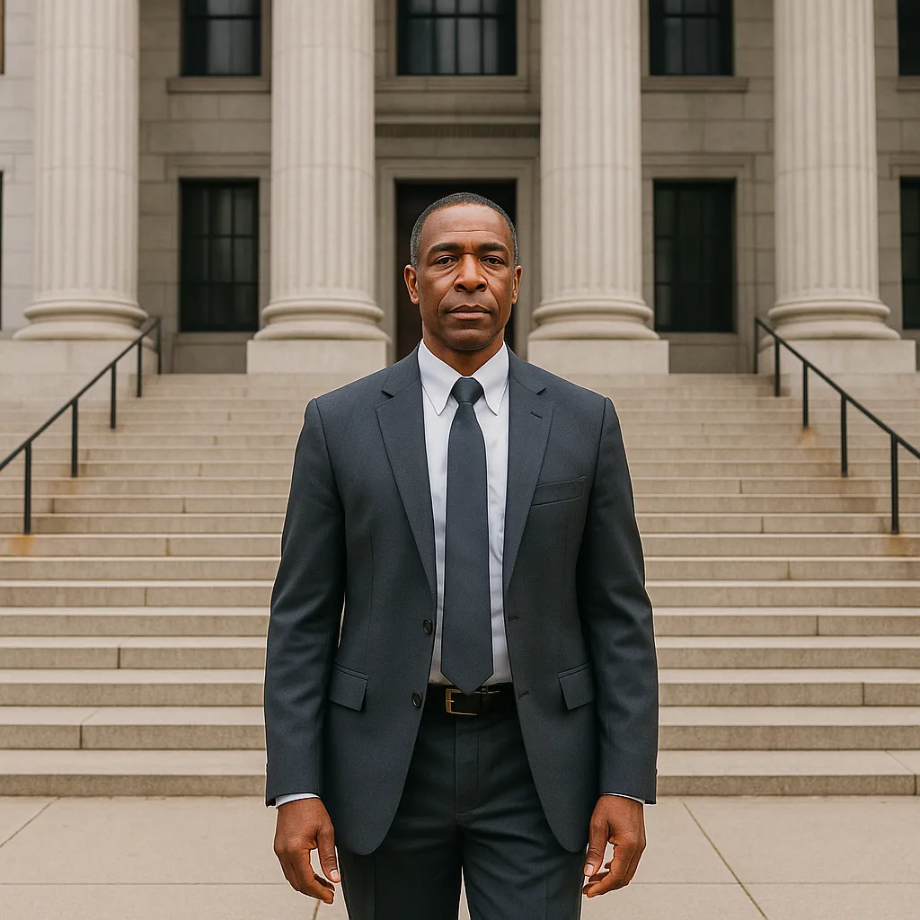 Professional man in suit standing on courthouse steps with classical columns