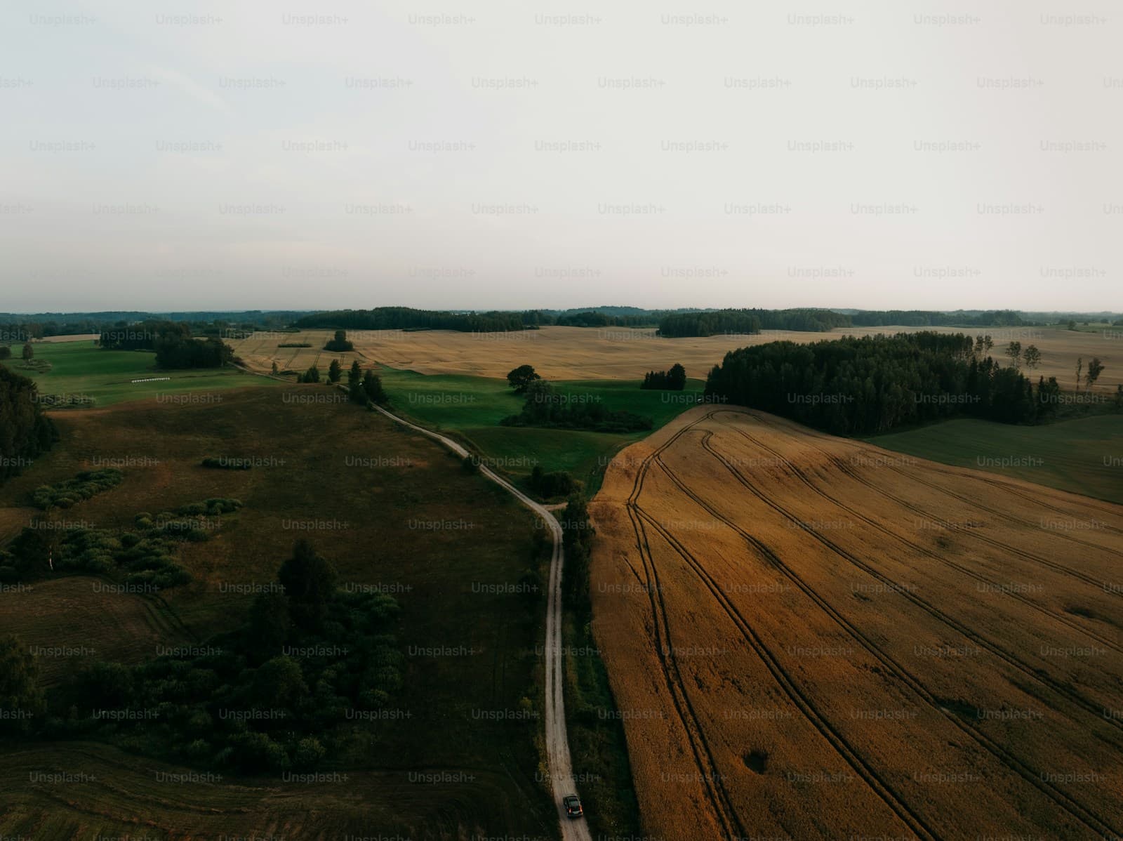 Aerial view of rural farmland with dirt road running through fields and wooded areas under overcast sky