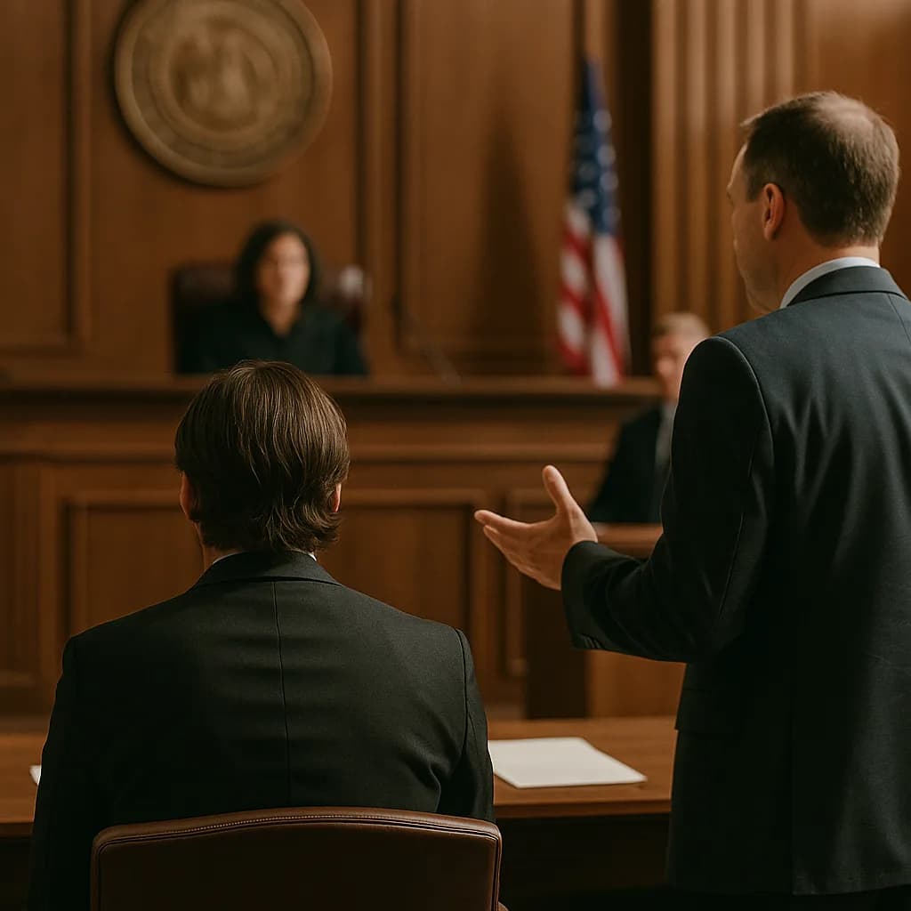 Lawyer addressing judge in courtroom with client seated, traditional wood-paneled setting with American flag