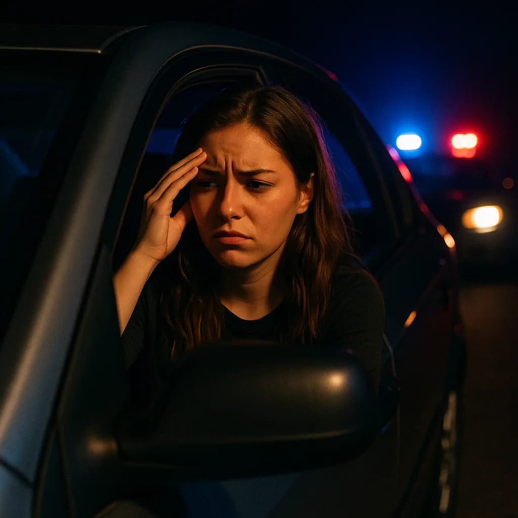 Worried woman in car at night with police lights flashing behind her during traffic stop