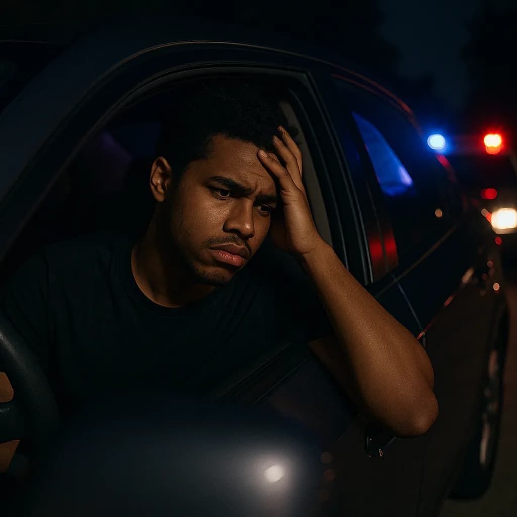 Man looking stressed in car at night with police lights visible in background