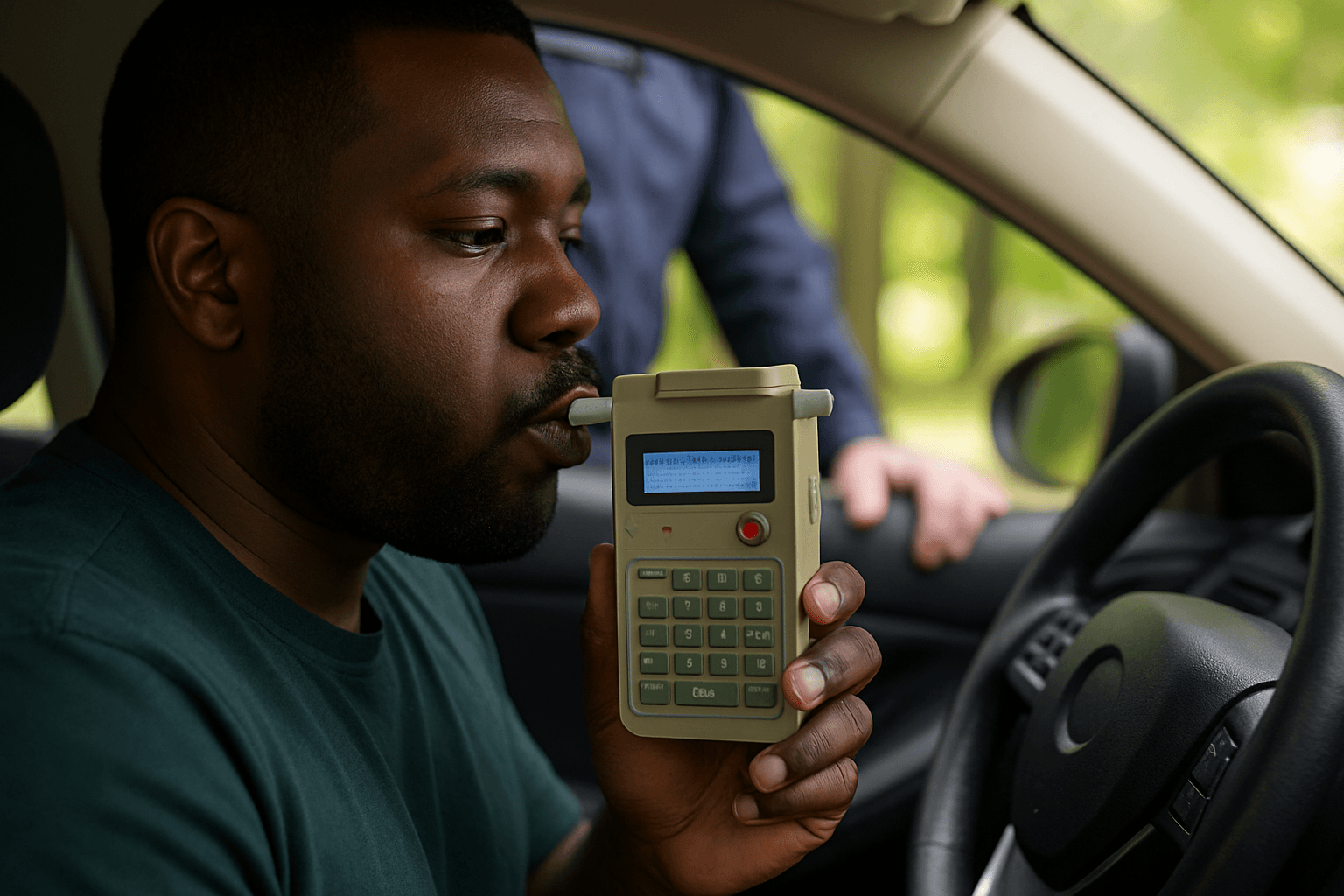 Man in car using breathalyzer test device during traffic stop