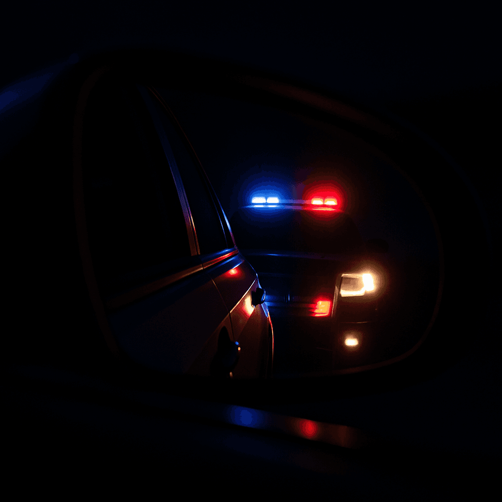 Police car with flashing red and blue emergency lights at night