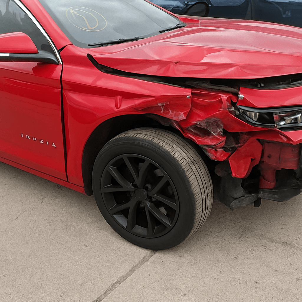 Red Tesla Model S with severe front-end collision damage parked on concrete