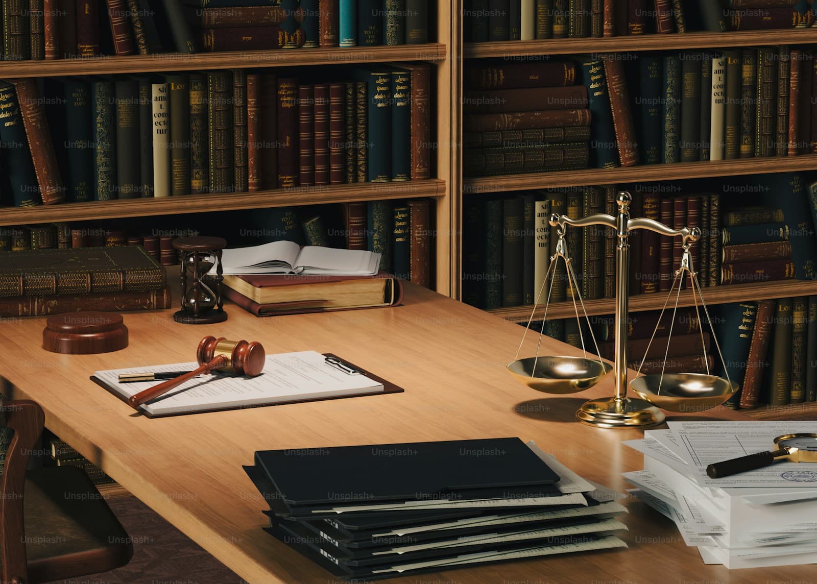 Lawyer's desk with gavel, scales of justice, legal documents and law books on shelves in background