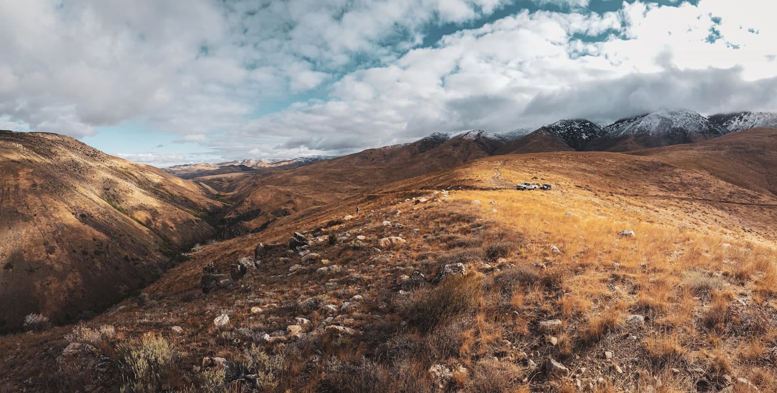 Rolling golden hills with sparse vegetation leading to snow-capped mountains under cloudy sky