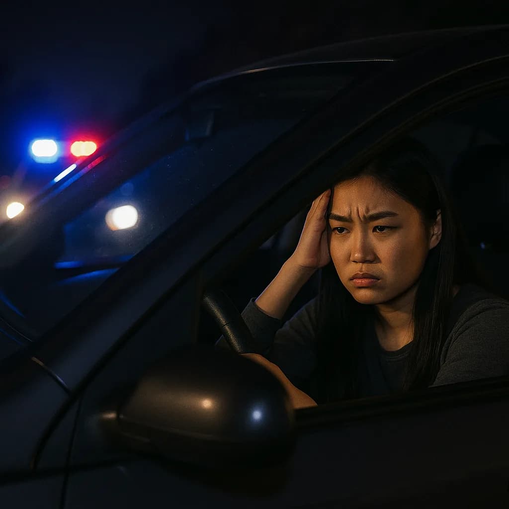 Worried woman in car with police lights behind her during nighttime traffic stop