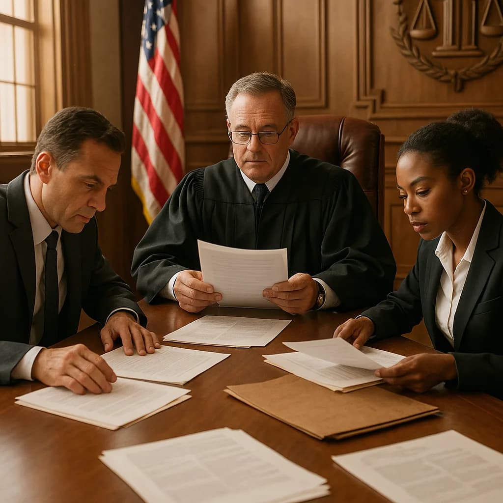 Judge and two lawyers reviewing legal documents at a courtroom table with American flag in background