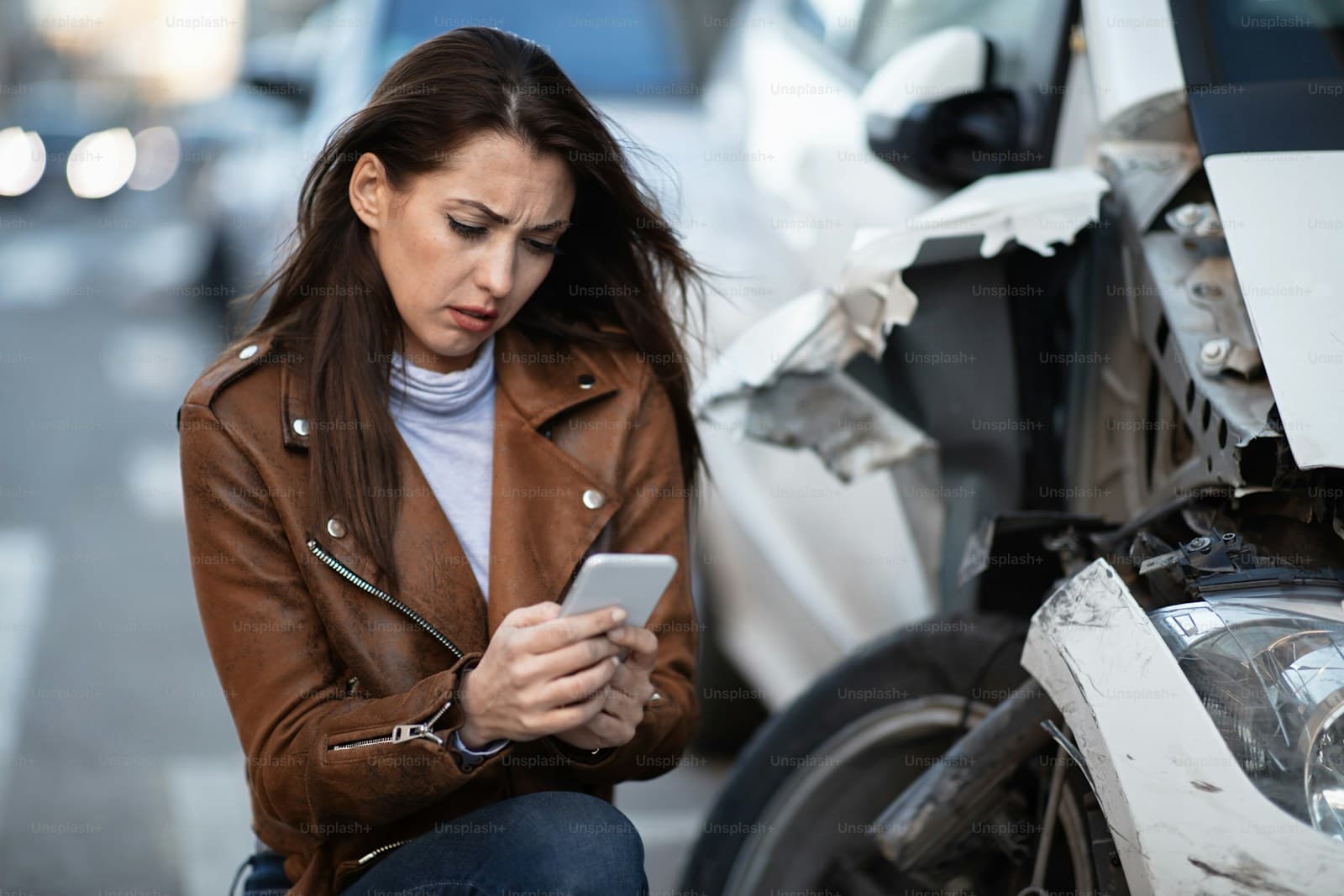 Distressed woman on her phone beside a severely damaged car with deployed airbags