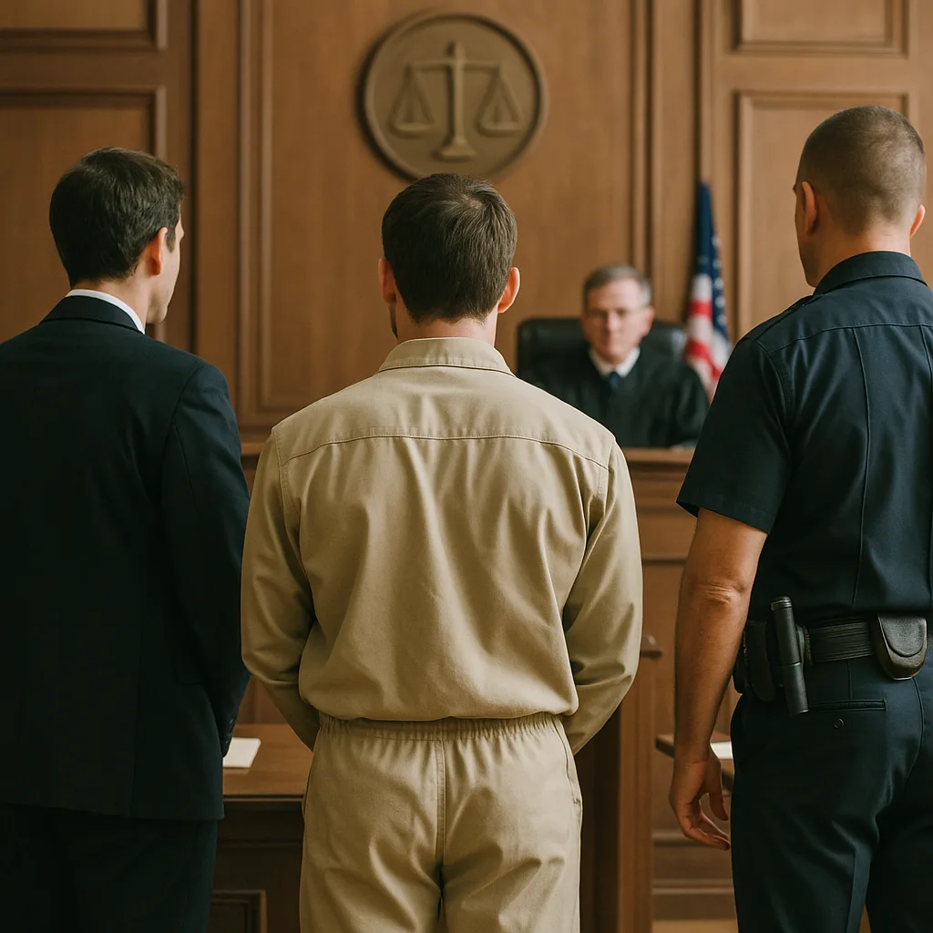 Person in prison uniform standing before judge in courtroom with attorney and officer