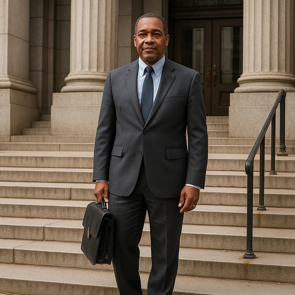 Professional businessman in suit standing on courthouse steps with briefcase and columns