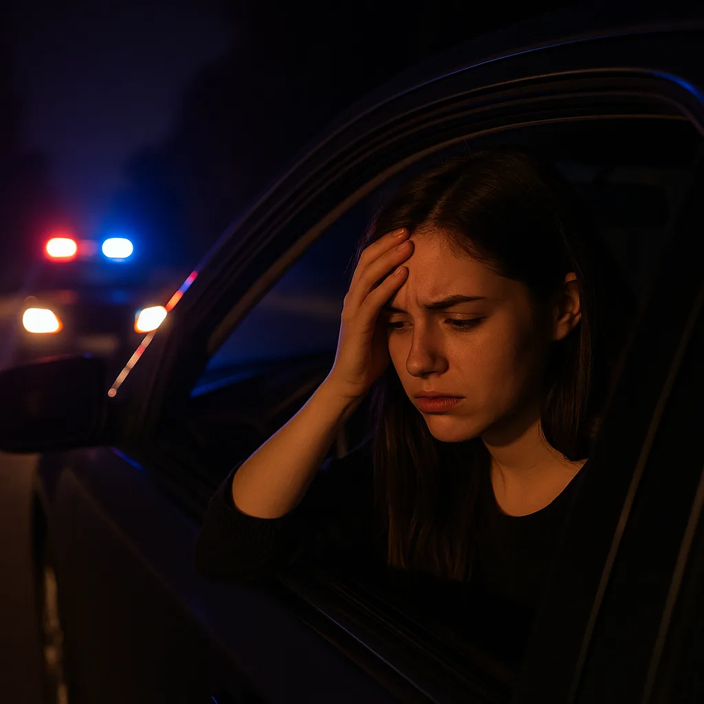 Worried woman in car at night with police lights visible in background