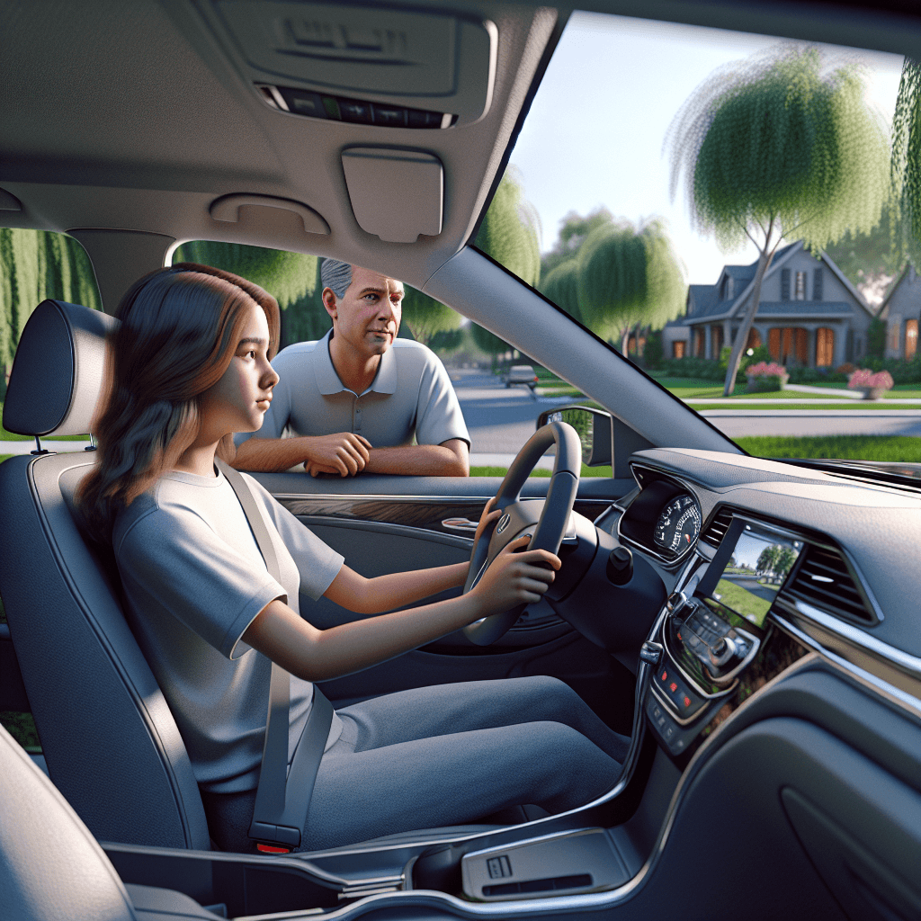 Young woman learning to drive with male instructor standing beside car in suburban neighborhood