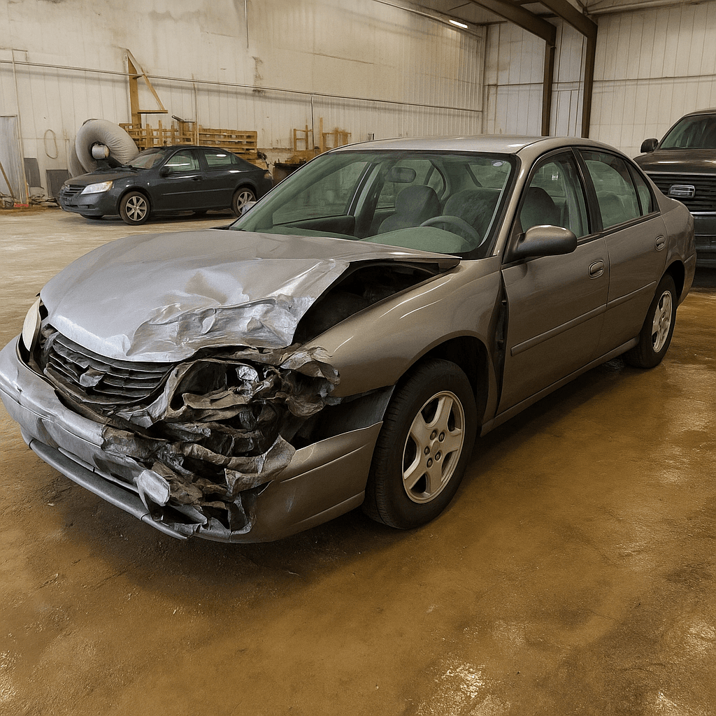 Crash damaged tan sedan with front-end collision damage in auto salvage warehouse facility
