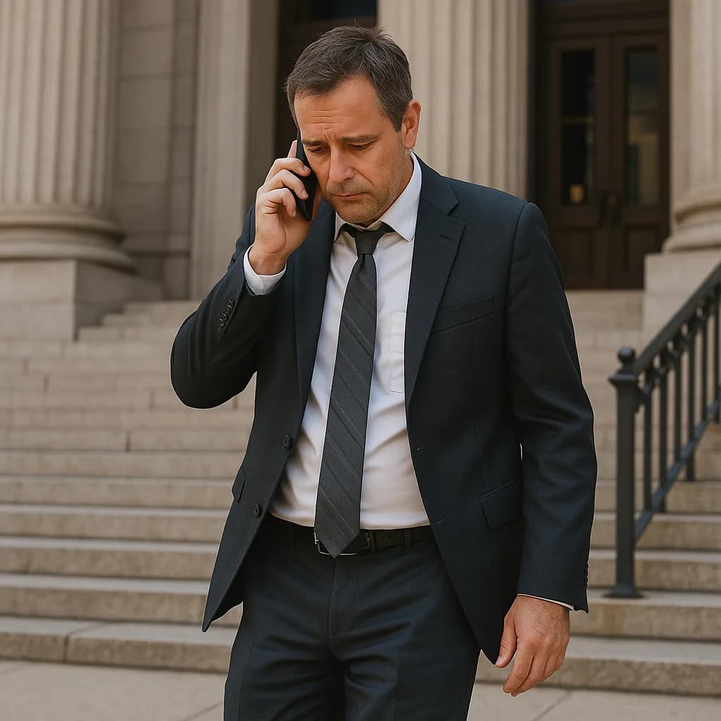 Businessman in navy suit talking on phone outside courthouse with classical columns in background