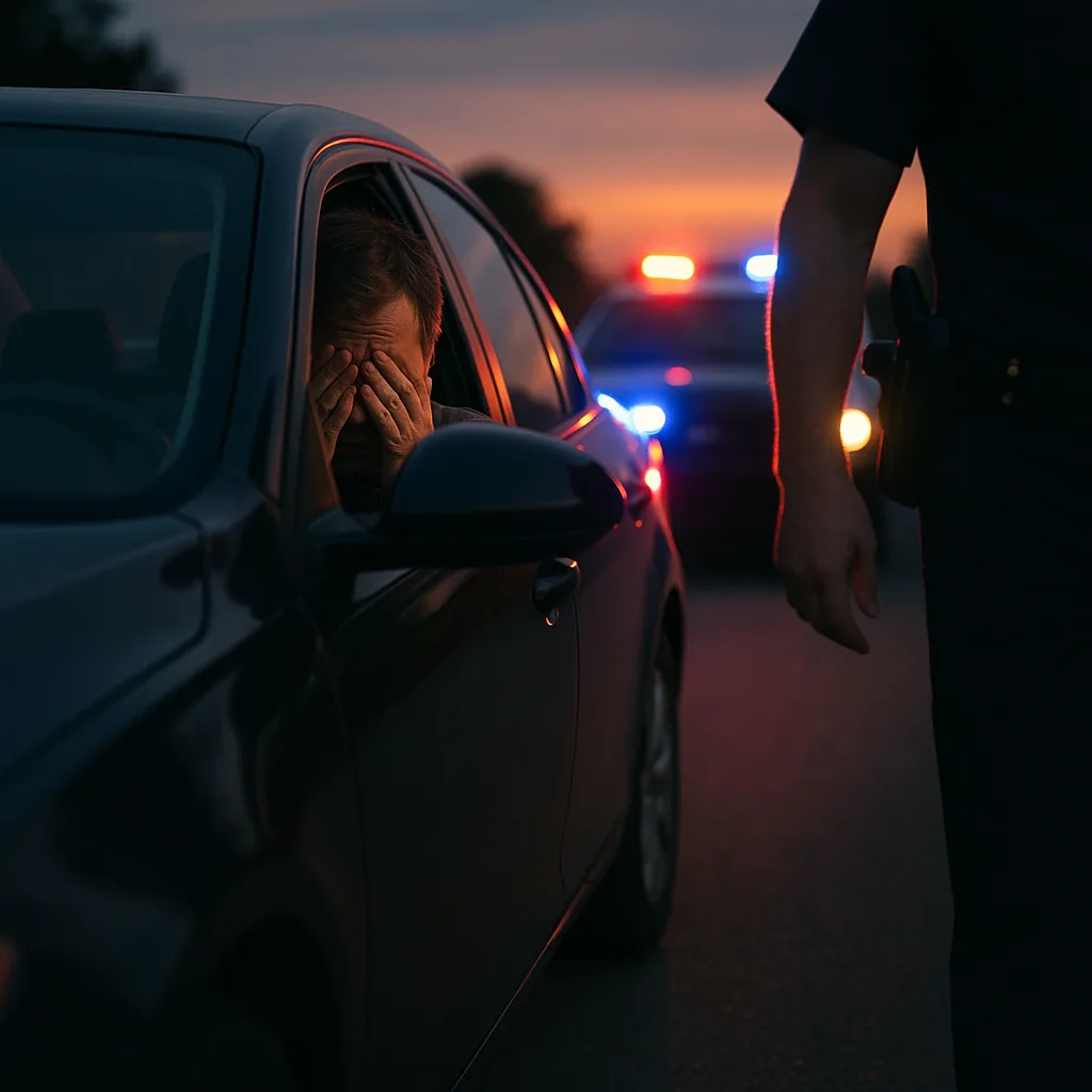 Driver covering face during police traffic stop at sunset with emergency lights in background