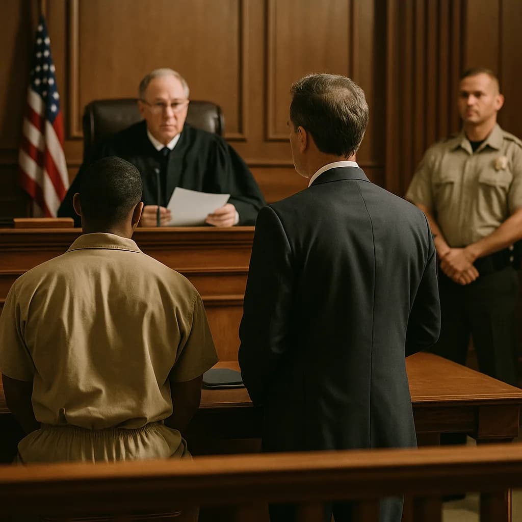 Defendant and attorney standing before judge in courtroom during legal proceedings