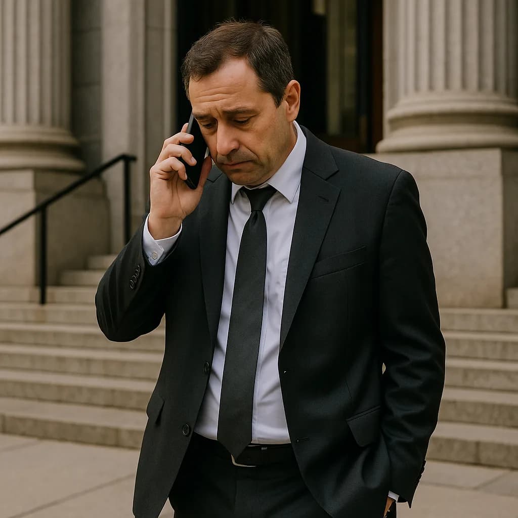 Businessman in suit talking on phone outside courthouse with classical columns in background