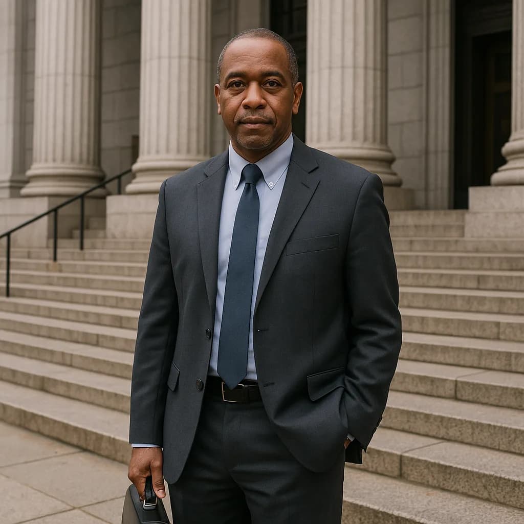 Professional African American man in suit standing on courthouse steps with classical columns