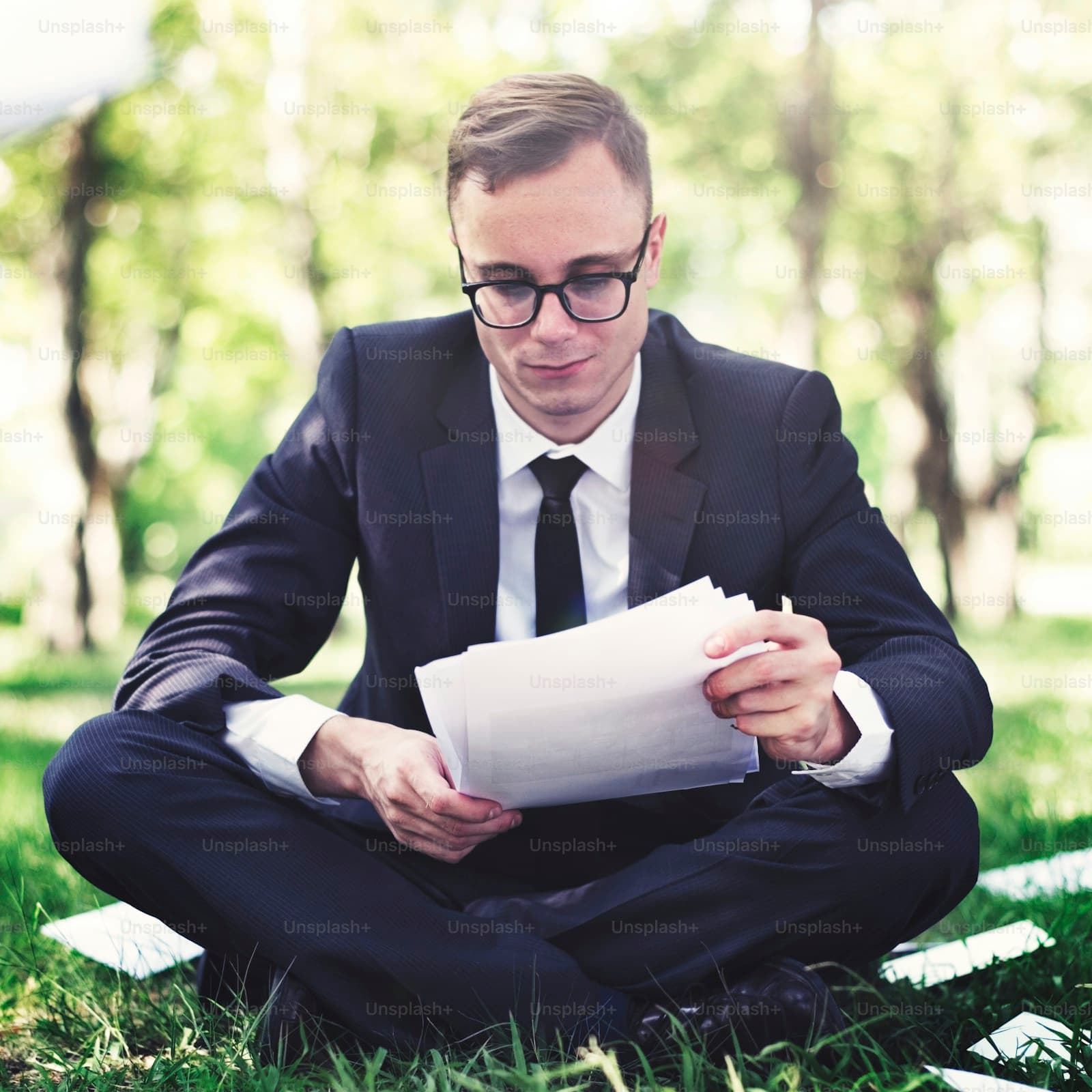 Businessman in suit and glasses reading papers while sitting on blanket in park